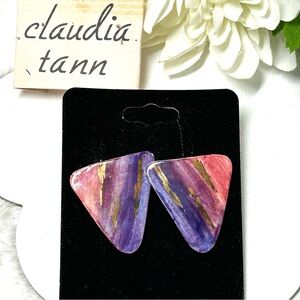 Vintage Claudia Tann Ceramic Handcrafted Post Earrings Signed Glazed Purple NEW